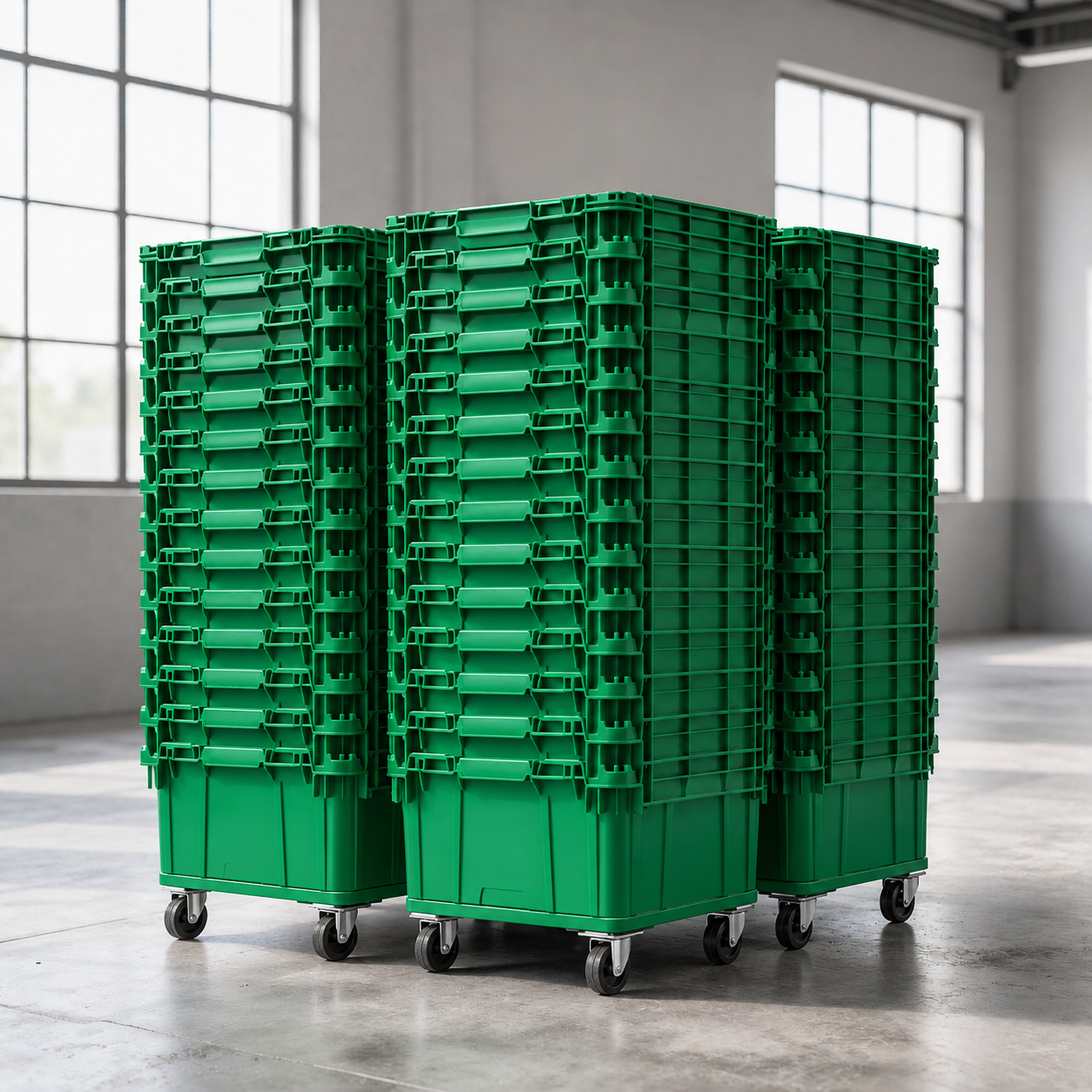 Stacked Terrox crates on a wheeled cart by a window