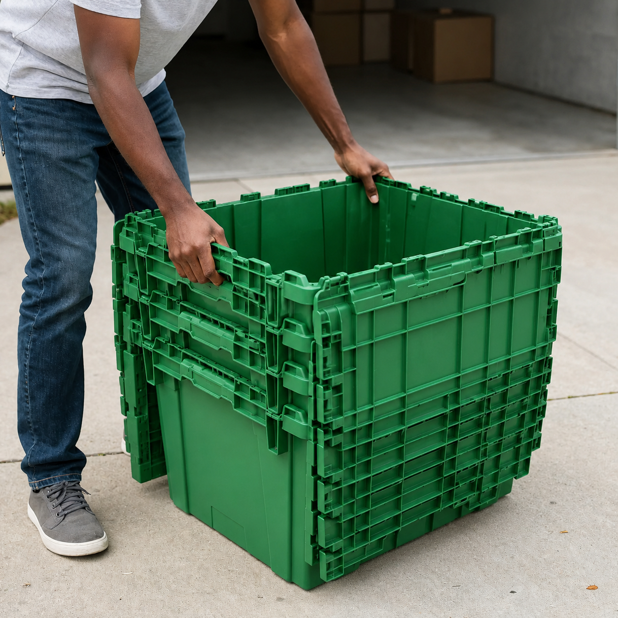 Hands lifting a Terrox crate outdoors